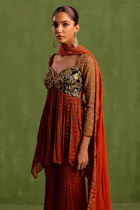 Shop_Neha Khullar_Orange Viscose, Crepe Embroidery Hand Yoke Asymmetric Kurta Gharara Set _Online_at_Aza_Fashions