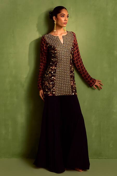 Shop_Neha Khullar_Black Viscose, Crepe Sequins, Beads, Zari Hand Embroidered Kurta With Sharara _Online_at_Aza_Fashions