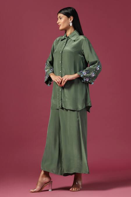 Shop_Two Sisters By Gyans_Green Georgette Cut Work, Pearls, Sequins Collared 3d Shirt Kurta And Pant Set _Online_at_Aza_Fashions