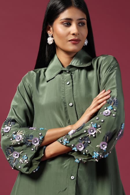 Buy_Two Sisters By Gyans_Green Georgette Cut Work, Pearls, Sequins Collared 3d Shirt Kurta And Pant Set 