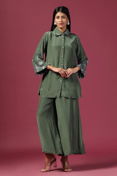Two Sisters By Gyans Green Georgette Embroidery Pearl 3d Sequin Work Shirt Kurta And Flared Pant Set