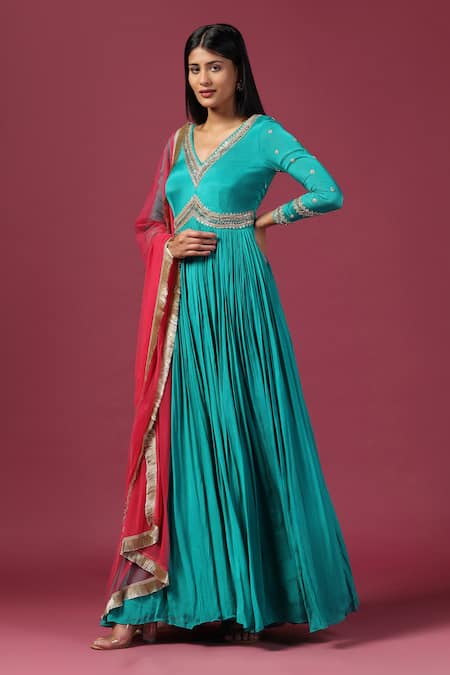 Two Sisters By Gyans_Blue Georgette, Net Embroidery, Sequins, Cut Work Pleated Anarkali With Dupatta _Online_at_Aza_Fashions