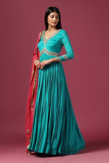 Buy_Two Sisters By Gyans_Blue Georgette, Net Embroidery, Sequins, Cut Work Pleated Anarkali With Dupatta _Online_at_Aza_Fashions