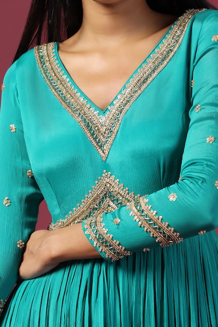 Two Sisters By Gyans_Blue Georgette, Net Embroidery, Sequins, Cut Work Pleated Anarkali With Dupatta _at_Aza_Fashions