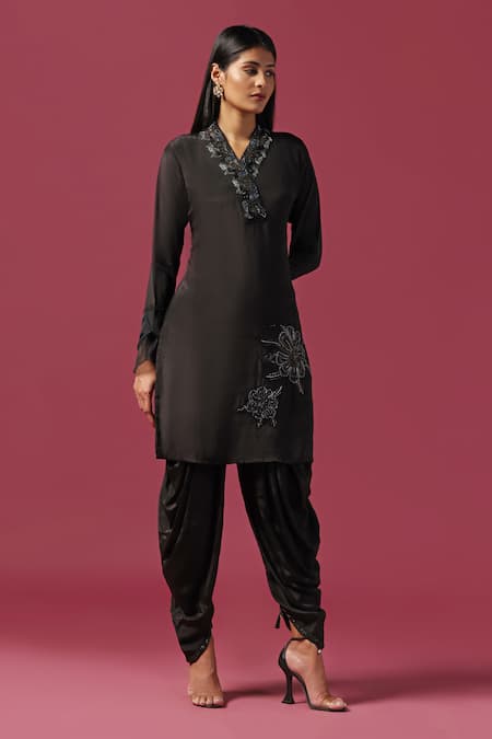 Buy_Two Sisters By Gyans_Black Crepe Cut Work, Floral Placement Embroidered Kurta And Dhoti Pant Set _Online_at_Aza_Fashions