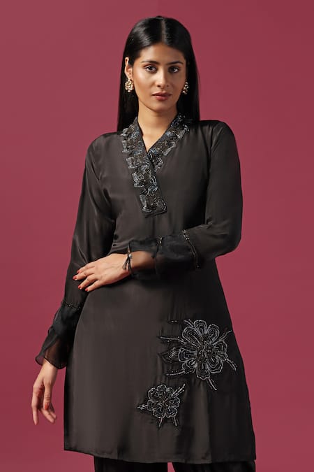 Shop_Two Sisters By Gyans_Black Crepe Cut Work, Floral Placement Embroidered Kurta And Dhoti Pant Set _Online_at_Aza_Fashions
