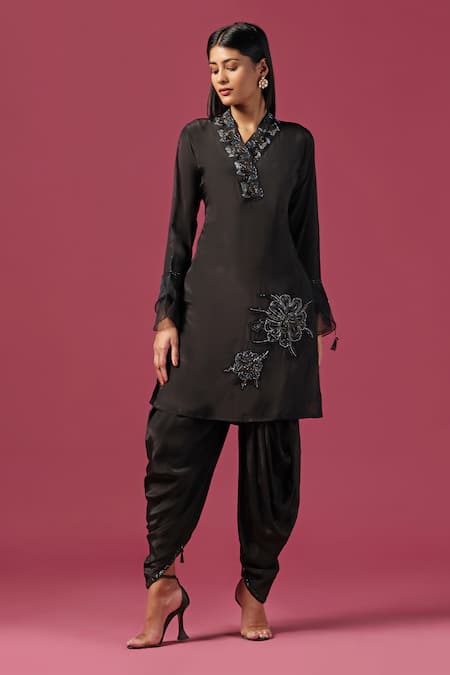 Two Sisters By Gyans Black Crepe Embroidery Cutdana V Neck Floral Placement Kurta And Dhoti Pant Set