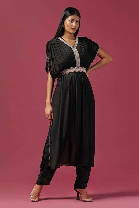 Two Sisters By Gyans_Black Georgette Embroidery V-neck Neckline Kaftan Tunic And Pant Set_at_Aza_Fashions