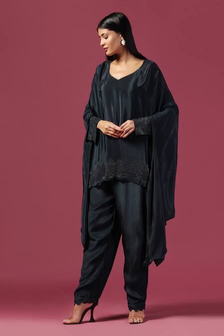 Shop Two Sisters By Gyans Blue Crepe Cut Work, Embroidery Asymmetric Border Tunic And Pant Set Online at Aza Fashions Shop_Two Sisters By Gyans_Blue Crepe Cut Work, Embroidery Asymmetric Border Tunic And Pant Set _Online_at_Aza_Fashions