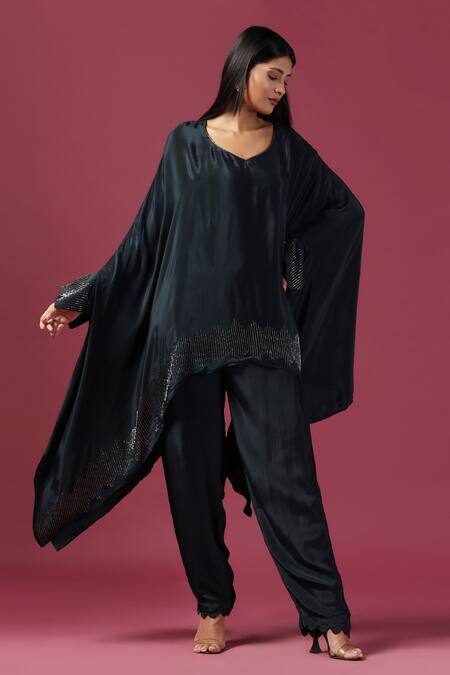 Two Sisters By Gyans Blue Crepe Cut Work, Embroidery Asymmetric Border Tunic And Pant Set at Aza Fashions Two Sisters By Gyans_Blue Crepe Cut Work, Embroidery Asymmetric Border Tunic And Pant Set _at_Aza_Fashions