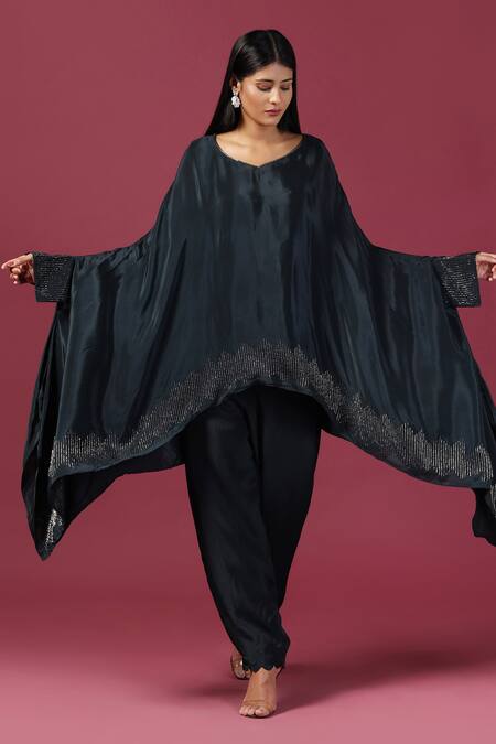 Buy Two Sisters By Gyans Blue Crepe Cut Work, Embroidery Asymmetric Border Tunic And Pant Set Buy_Two Sisters By Gyans_Blue Crepe Cut Work, Embroidery Asymmetric Border Tunic And Pant Set