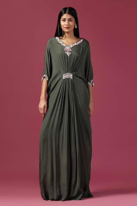 Two Sisters By Gyans Green Chiffon Sequins, Stones, Embroidery V-neck Floral Neckline Draped Gown Online at Aza Fashions Two Sisters By Gyans_Green Chiffon Sequins, Stones, Embroidery V-neck Floral Neckline Draped Gown _Online_at_Aza_Fashions