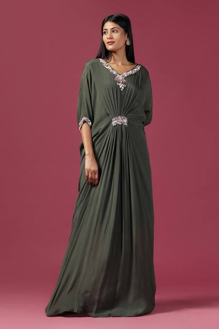 Buy Two Sisters By Gyans Green Chiffon Sequins, Stones, Embroidery V-neck Floral Neckline Draped Gown Online at Aza Fashions Buy_Two Sisters By Gyans_Green Chiffon Sequins, Stones, Embroidery V-neck Floral Neckline Draped Gown _Online_at_Aza_Fashions