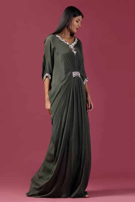 Shop Two Sisters By Gyans Green Chiffon Sequins, Stones, Embroidery V-neck Floral Neckline Draped Gown Online at Aza Fashions Shop_Two Sisters By Gyans_Green Chiffon Sequins, Stones, Embroidery V-neck Floral Neckline Draped Gown _Online_at_Aza_Fashions