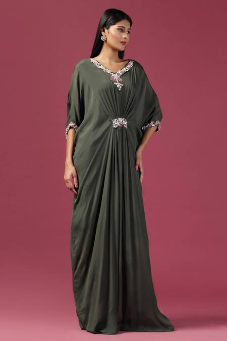 Two Sisters By Gyans Green Chiffon Sequins, Stones, Embroidery V-neck Floral Neckline Draped Gown at Aza Fashions Two Sisters By Gyans_Green Chiffon Sequins, Stones, Embroidery V-neck Floral Neckline Draped Gown _at_Aza_Fashions