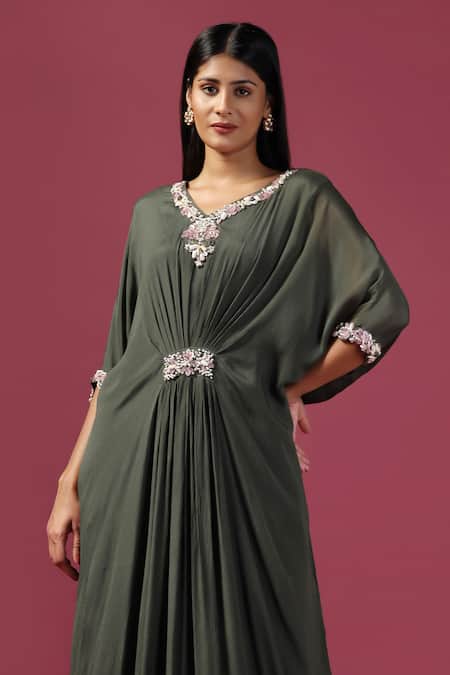 Buy Two Sisters By Gyans Green Chiffon Sequins, Stones, Embroidery V-neck Floral Neckline Draped Gown Buy_Two Sisters By Gyans_Green Chiffon Sequins, Stones, Embroidery V-neck Floral Neckline Draped Gown