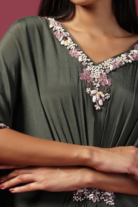 Shop Two Sisters By Gyans Green Chiffon Sequins, Stones, Embroidery V-neck Floral Neckline Draped Gown Shop_Two Sisters By Gyans_Green Chiffon Sequins, Stones, Embroidery V-neck Floral Neckline Draped Gown