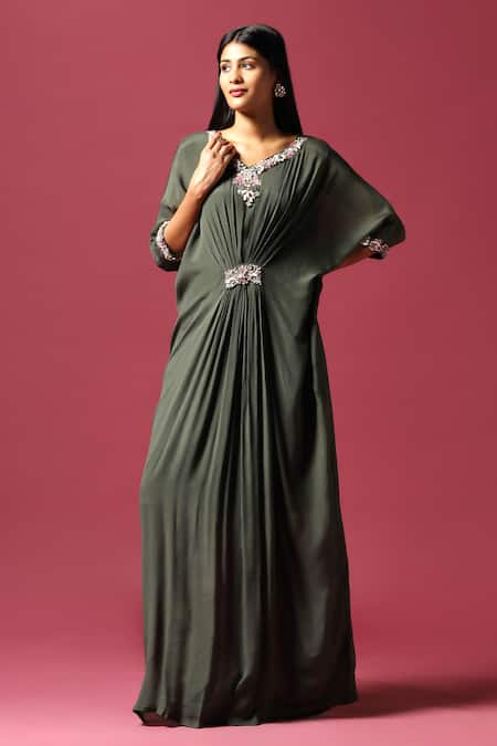 Two Sisters By Gyans Green Chiffon Embroidery Stone V Neck Floral Neckline Draped Gown