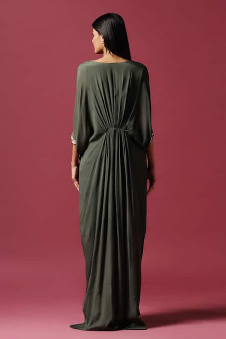 Shop Two Sisters By Gyans Green Chiffon Sequins, Stones, Embroidery V-neck Floral Neckline Draped Gown at Aza Fashions Shop_Two Sisters By Gyans_Green Chiffon Sequins, Stones, Embroidery V-neck Floral Neckline Draped Gown _at_Aza_Fashions