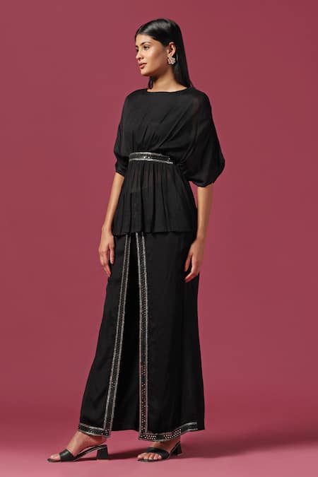 Two Sisters By Gyans Black Georgette Mirrors, Sequins Boat Waistband Embroidered Kaftan And Pant Set Online at Aza Fashions Two Sisters By Gyans_Black Georgette Mirrors, Sequins Boat Waistband Embroidered Kaftan And Pant Set _Online_at_Aza_Fashions