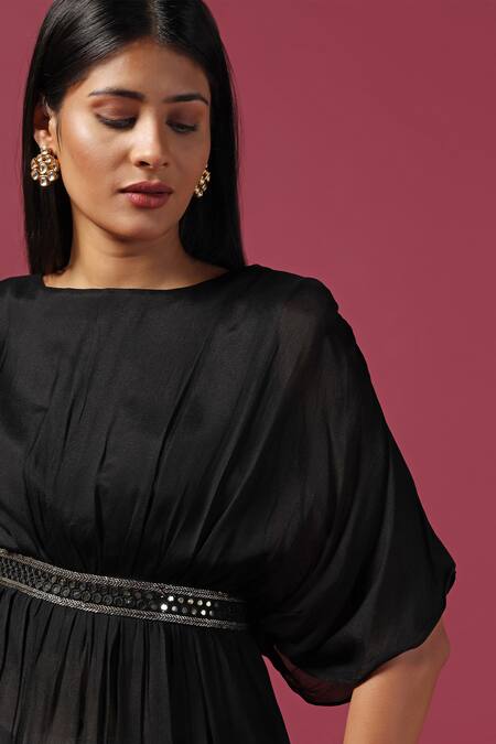 Two Sisters By Gyans Black Georgette Mirrors, Sequins Boat Waistband Embroidered Kaftan And Pant Set at Aza Fashions Two Sisters By Gyans_Black Georgette Mirrors, Sequins Boat Waistband Embroidered Kaftan And Pant Set _at_Aza_Fashions