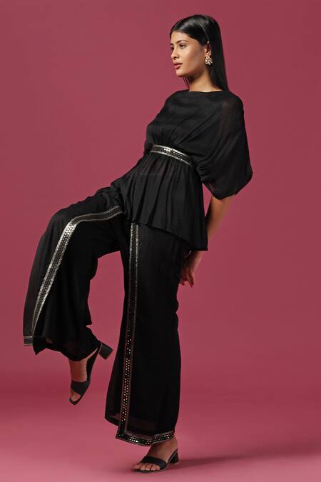 Buy Two Sisters By Gyans Black Georgette Mirrors, Sequins Boat Waistband Embroidered Kaftan And Pant Set Buy_Two Sisters By Gyans_Black Georgette Mirrors, Sequins Boat Waistband Embroidered Kaftan And Pant Set