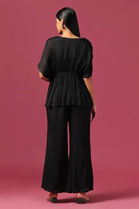 Shop Two Sisters By Gyans Black Georgette Mirrors, Sequins Boat Waistband Embroidered Kaftan And Pant Set at Aza Fashions Shop_Two Sisters By Gyans_Black Georgette Mirrors, Sequins Boat Waistband Embroidered Kaftan And Pant Set _at_Aza_Fashions