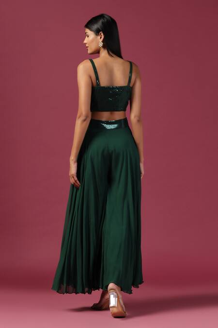 Two Sisters By Gyans_Green Georgette Sequins, Embroidery Sweetheart Floral Border Cape Palazzo Set _Online_at_Aza_Fashions