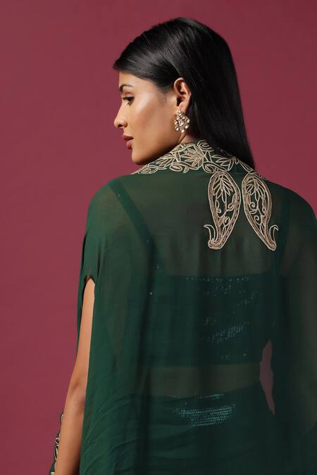 Buy_Two Sisters By Gyans_Green Georgette Sequins, Embroidery Sweetheart Floral Border Cape Palazzo Set _Online_at_Aza_Fashions