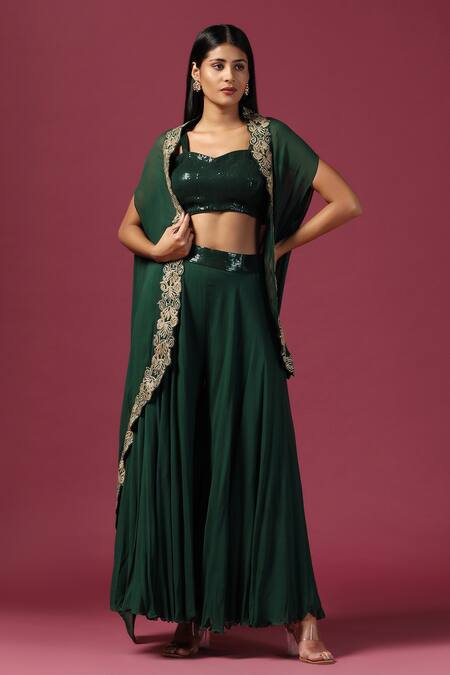 Shop_Two Sisters By Gyans_Green Georgette Sequins, Embroidery Sweetheart Floral Border Cape Palazzo Set _Online_at_Aza_Fashions