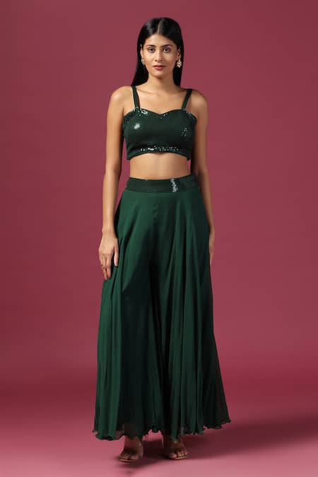 Buy_Two Sisters By Gyans_Green Georgette Sequins, Embroidery Sweetheart Floral Border Cape Palazzo Set 