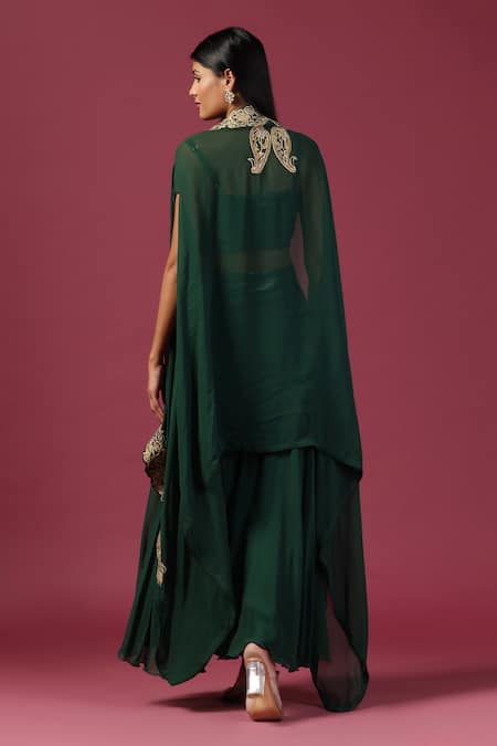 Shop_Two Sisters By Gyans_Green Georgette Sequins, Embroidery Sweetheart Floral Border Cape Palazzo Set _at_Aza_Fashions