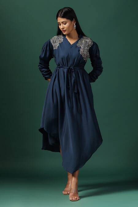 Two Sisters By Gyans_Blue Crepe Sequins, Zari V-neck Floral Embroidered Draped Kurta With Spaghetti _Online_at_Aza_Fashions