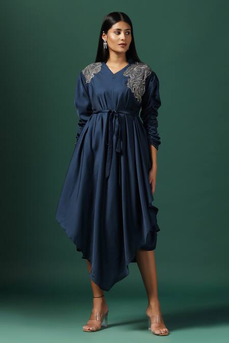 Buy_Two Sisters By Gyans_Blue Crepe Sequins, Zari V-neck Floral Embroidered Draped Kurta With Spaghetti _Online_at_Aza_Fashions