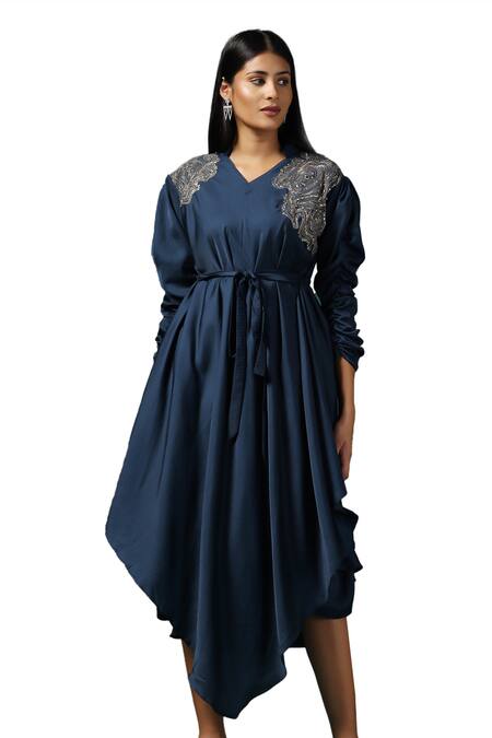 Shop Two Sisters By Gyans Blue Crepe Sequins, Zari V-neck Floral Embroidered Draped Kurta With Spaghetti Online at Aza Fashions Shop_Two Sisters By Gyans_Blue Crepe Sequins, Zari V-neck Floral Embroidered Draped Kurta With Spaghetti _Online_at_Aza_Fashions