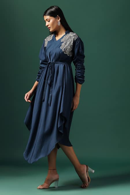 Two Sisters By Gyans_Blue Crepe Sequins, Zari V-neck Floral Embroidered Draped Kurta With Spaghetti _at_Aza_Fashions