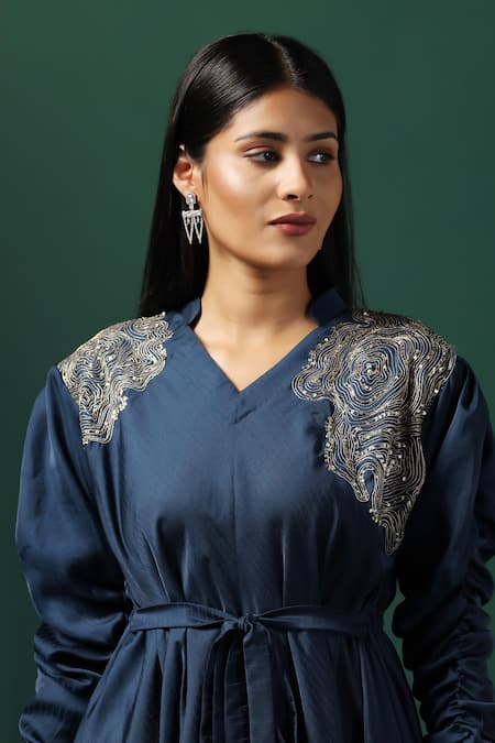 Buy_Two Sisters By Gyans_Blue Crepe Sequins, Zari V-neck Floral Embroidered Draped Kurta With Spaghetti 