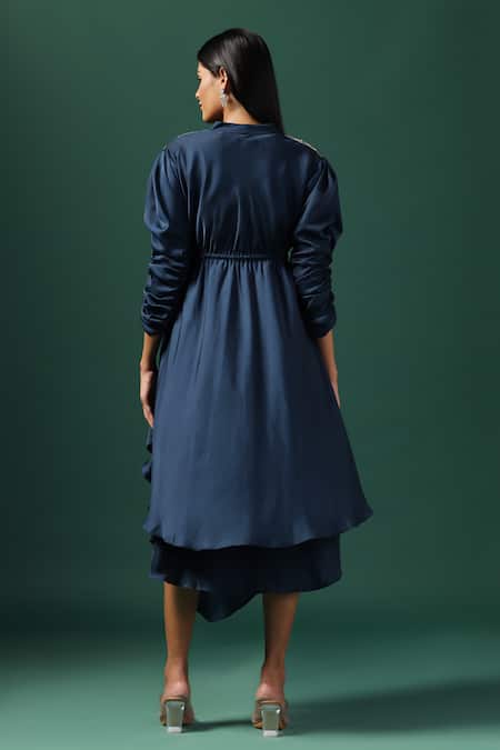 Shop_Two Sisters By Gyans_Blue Crepe Sequins, Zari V-neck Floral Embroidered Draped Kurta With Spaghetti _at_Aza_Fashions