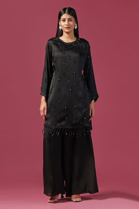 Two Sisters By Gyans Black Georgette Cut Work, Tassels Round Neck Embellished Kurta And Palazzo Set Online at Aza Fashions Two Sisters By Gyans_Black Georgette Cut Work, Tassels Round Neck Embellished Kurta And Palazzo Set _Online_at_Aza_Fashions