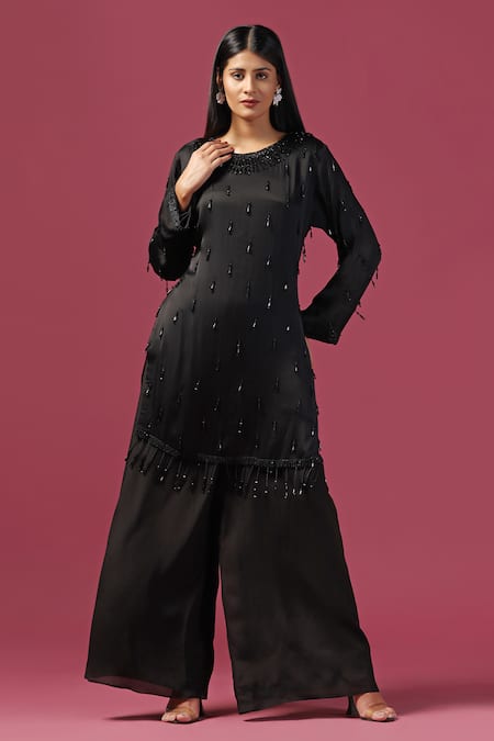 Buy Two Sisters By Gyans Black Georgette Cut Work, Tassels Round Neck Embellished Kurta And Palazzo Set Online at Aza Fashions Buy_Two Sisters By Gyans_Black Georgette Cut Work, Tassels Round Neck Embellished Kurta And Palazzo Set _Online_at_Aza_Fashions