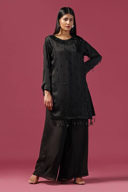 Shop Two Sisters By Gyans Black Georgette Cut Work, Tassels Round Neck Embellished Kurta And Palazzo Set Online at Aza Fashions Shop_Two Sisters By Gyans_Black Georgette Cut Work, Tassels Round Neck Embellished Kurta And Palazzo Set _Online_at_Aza_Fashions