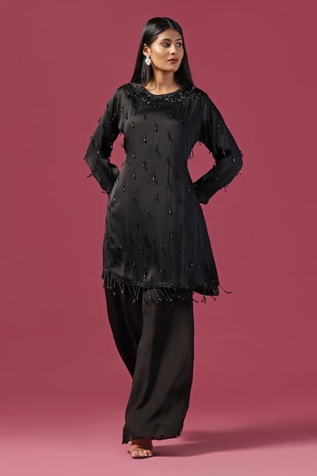 Two Sisters By Gyans Black Georgette Embellished Cutdana Round Neck Tassel Kurta And Palazzo Set
