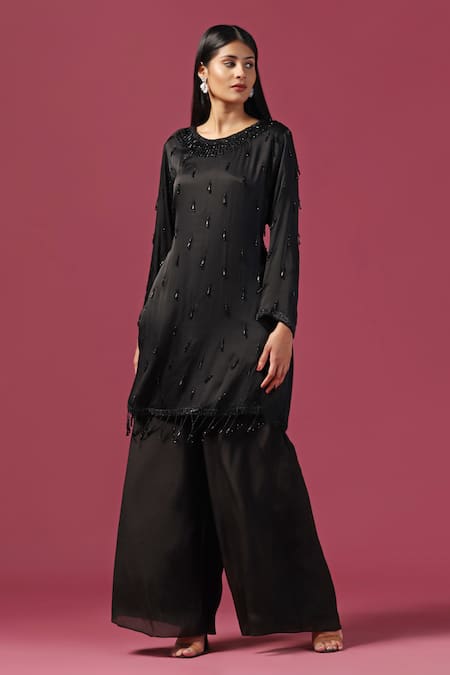 Shop Two Sisters By Gyans Black Georgette Cut Work, Tassels Round Neck Embellished Kurta And Palazzo Set Shop_Two Sisters By Gyans_Black Georgette Cut Work, Tassels Round Neck Embellished Kurta And Palazzo Set