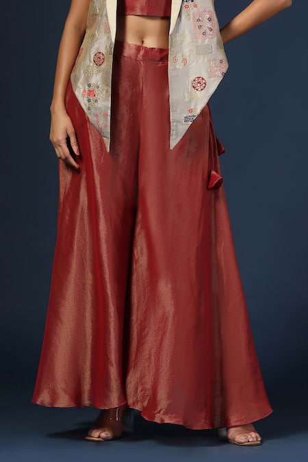 Two Sisters By Gyans_Maroon Tissue, Georgette Embroidery Sweetheart Floral Woven Cape Flared Pant Set _Online_at_Aza_Fashions