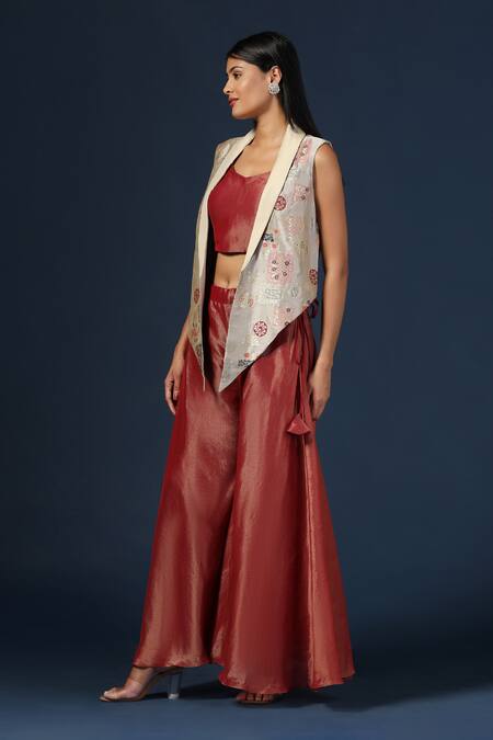 Buy_Two Sisters By Gyans_Maroon Tissue, Georgette Embroidery Sweetheart Floral Woven Cape Flared Pant Set _Online_at_Aza_Fashions