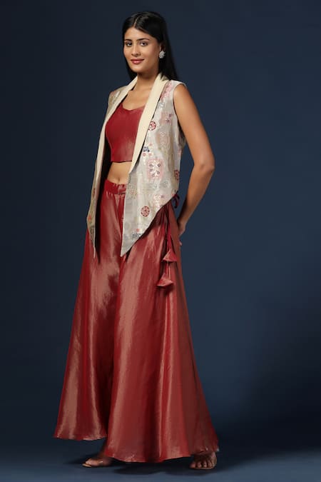 Shop_Two Sisters By Gyans_Maroon Tissue, Georgette Embroidery Sweetheart Floral Woven Cape Flared Pant Set _Online_at_Aza_Fashions