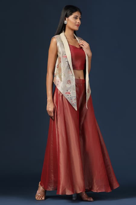 Two Sisters By Gyans_Maroon Tissue, Georgette Embroidery Sweetheart Floral Woven Cape Flared Pant Set _at_Aza_Fashions