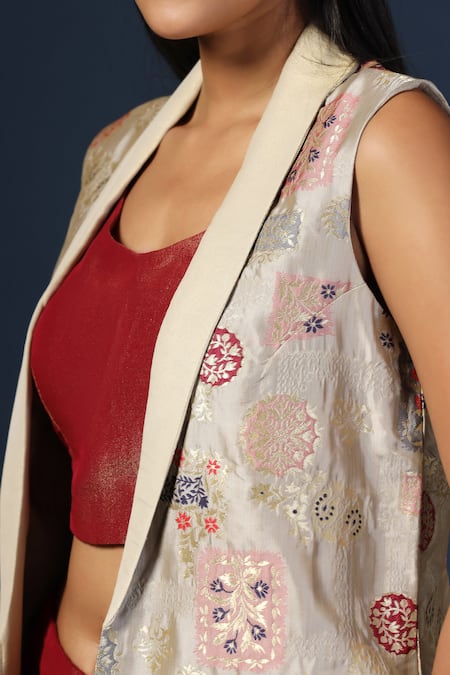 Shop_Two Sisters By Gyans_Maroon Tissue, Georgette Embroidery Sweetheart Floral Woven Cape Flared Pant Set 