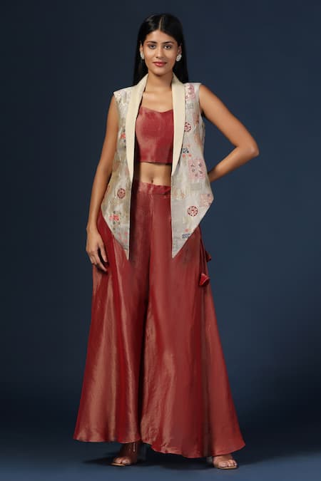 Two Sisters By Gyans Maroon Bustier And Pant Tissue Woven Floral Cape Shawl Collar Flared Set