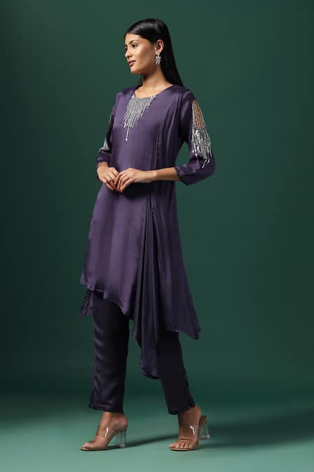 Buy_Two Sisters By Gyans_Purple Georgette Sequins, Cut Work Round Neckline Embroidered Kurta And Pant Set _Online_at_Aza_Fashions